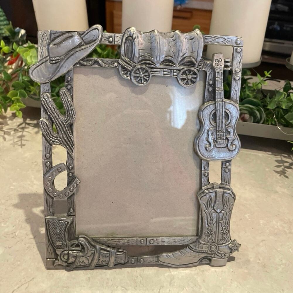Pewter Western Themed Frame Boot Guitar Gun Hat Wagon Horseshoe 8x6.5”(6x4.5 )